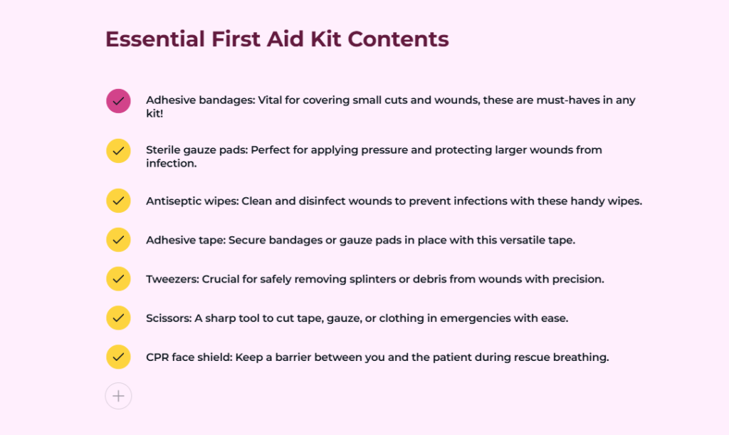 An image of an essential first aid kit contents checklist created by Arlo.