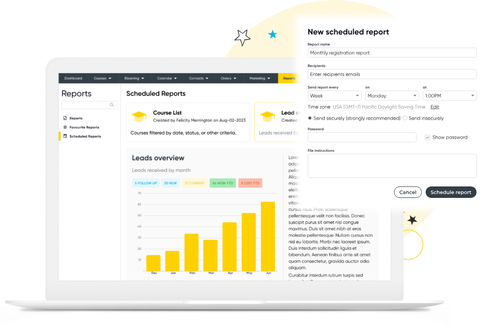 Arlo's reporting dashboard showing a user setting up a scheduled report.