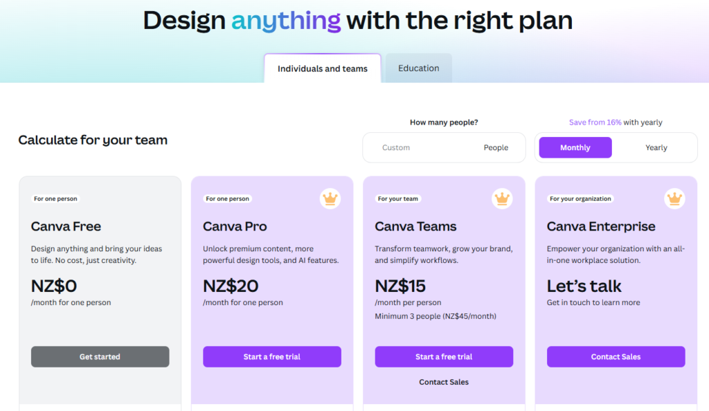 Image of Canva pricing.