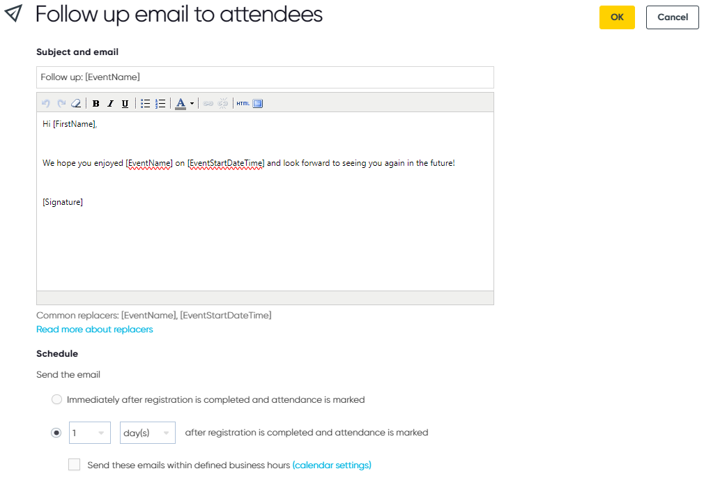 A user setting up a follow up email to attendees