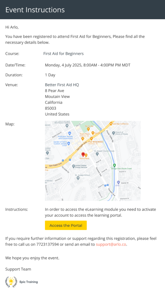 Arlo course confirmation email sent to a learner
