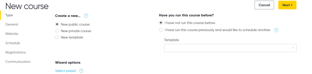 Image of a user setting up a new public course in Arlo
