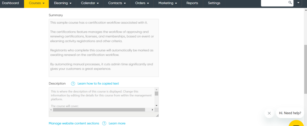 Image of an Arlo course overview set up page