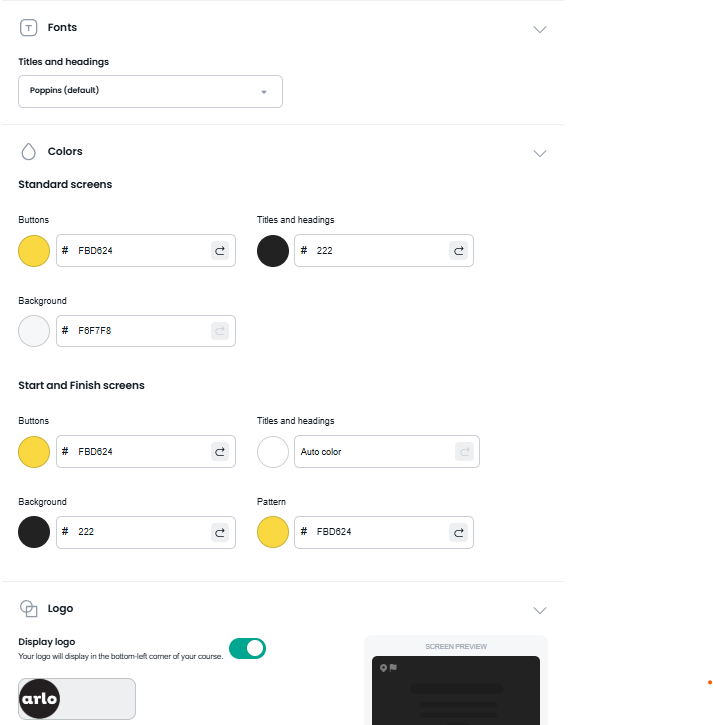 Image of a user working through Arlo's brand building options when creating an elearning course.