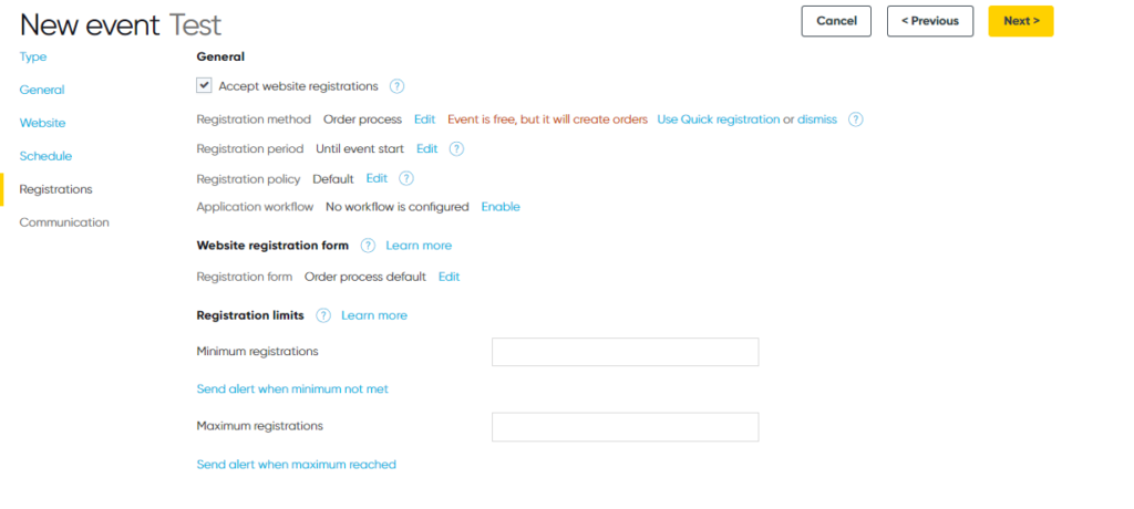 A user setting up the course registration process within Arlo